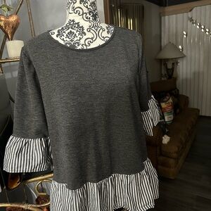 Pleione Charcoal Knit Top with Black-and-White Striped Ruffle Trim